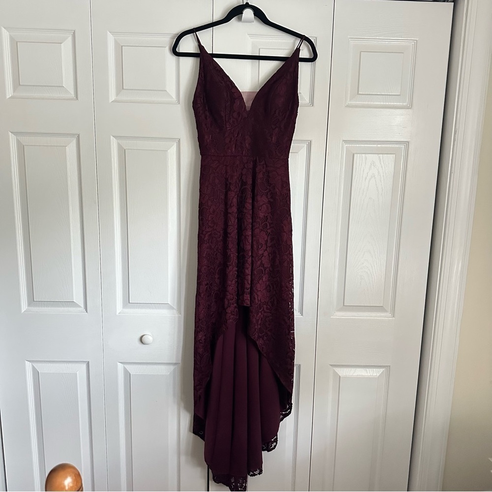 DB Studio Dress Womens 4 Wine Lace Hi-Low V-Neck Spaghetti Strap Whimsigoth Prom - Picture 2 of 11